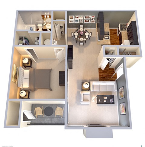 Floor plan for 1 bed, 1 bath, 680 sqft
